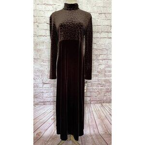 Citi Dress Vintage Brown Velour Leopard Maxi Dress Long Sleeve Mock Neck